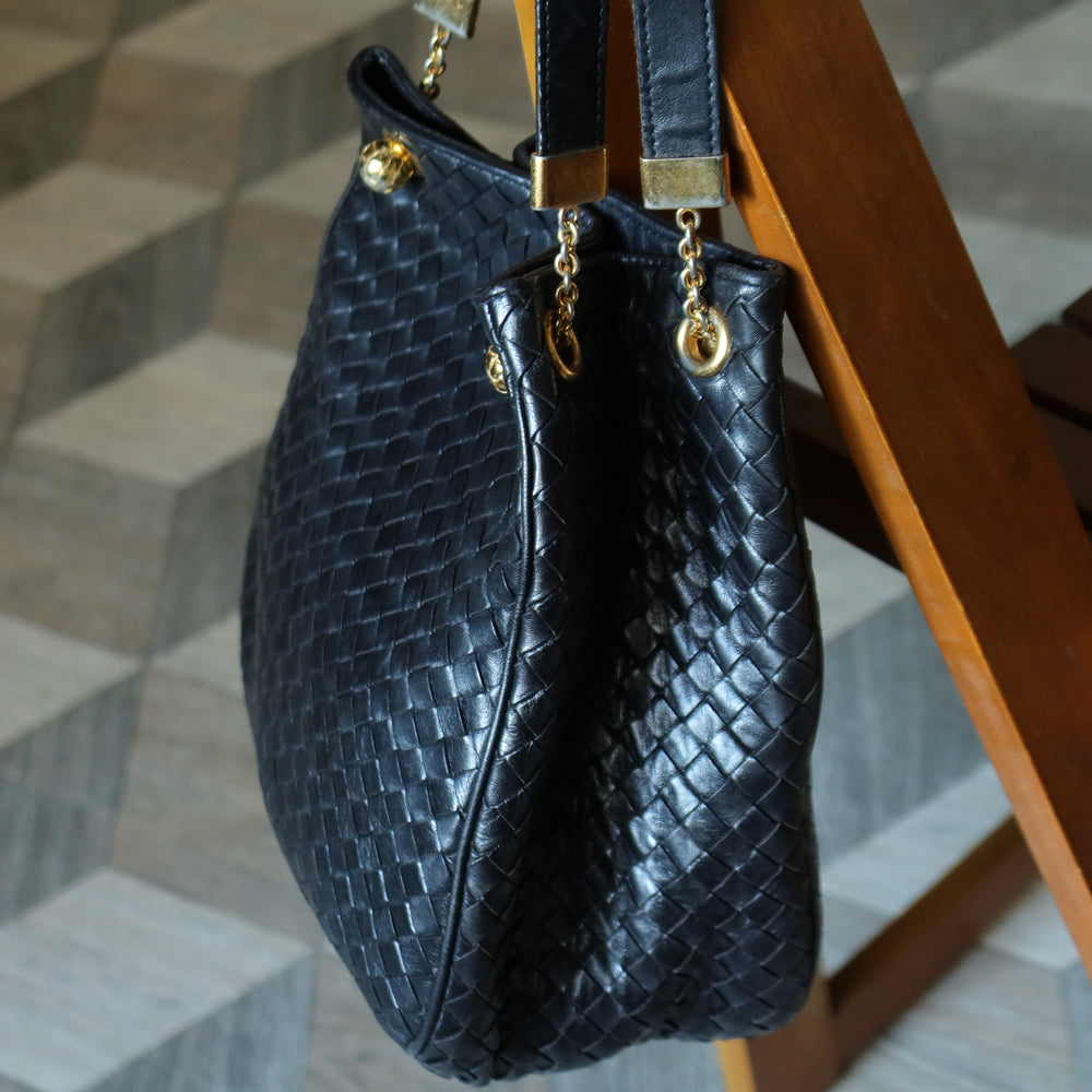 Bottega Veneta Vintage Black Intrecciato Leather Relaxed Shoulder Bag
