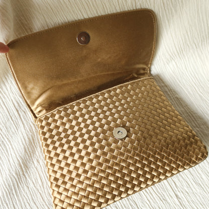 Rare Bottega Veneta Vintage Gold Satin Intrecciato Clutch 2 way Flap Bag