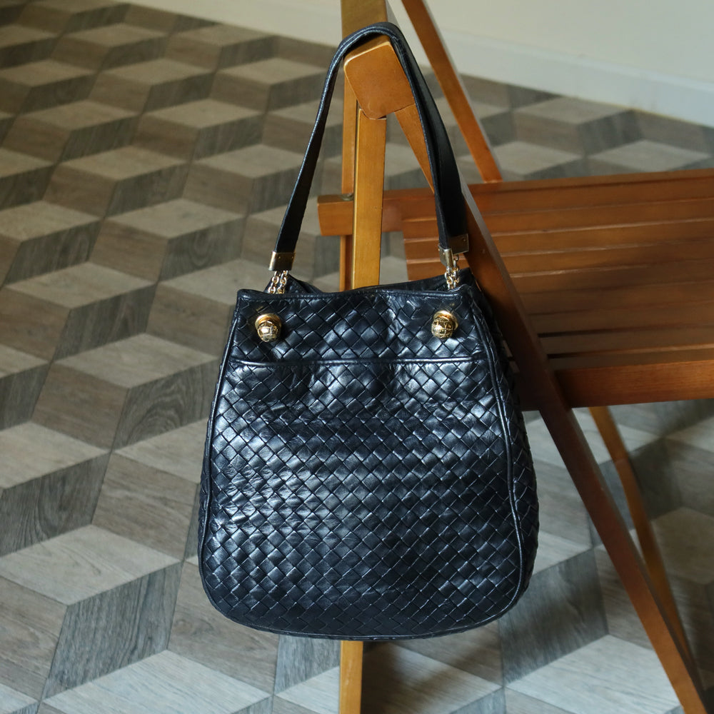 Bottega Veneta Vintage Black Intrecciato Leather Relaxed Shoulder Bag