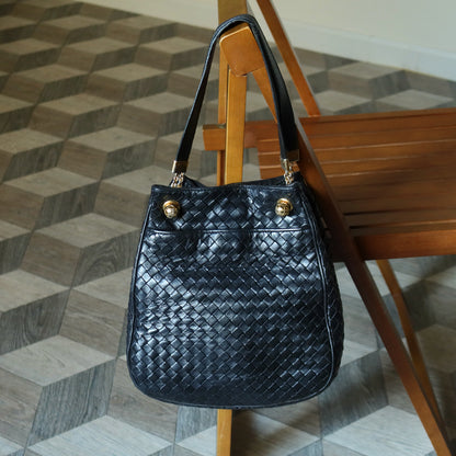 Bottega Veneta Vintage Black Intrecciato Leather Relaxed Shoulder Bag