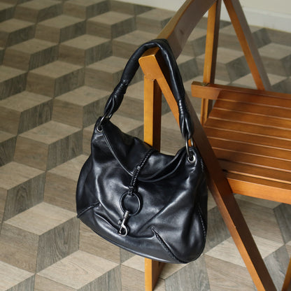 Bottega Veneta Vintage Black Lambskin Leather Ring Hobo One Shoulder Bag