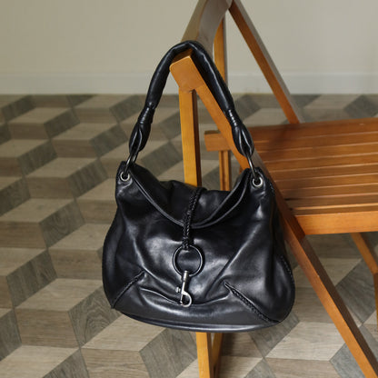 Bottega Veneta Vintage Black Lambskin Leather Ring Hobo One Shoulder Bag