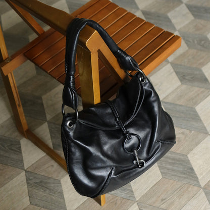 Bottega Veneta Vintage Black Lambskin Leather Ring Hobo One Shoulder Bag