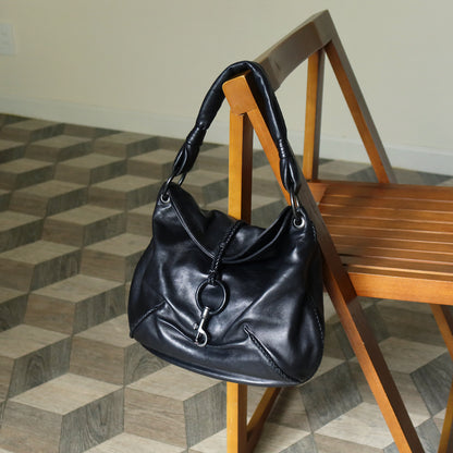 Bottega Veneta Vintage Black Lambskin Leather Ring Hobo One Shoulder Bag