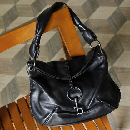 Bottega Veneta Vintage Black Lambskin Leather Ring Hobo One Shoulder Bag