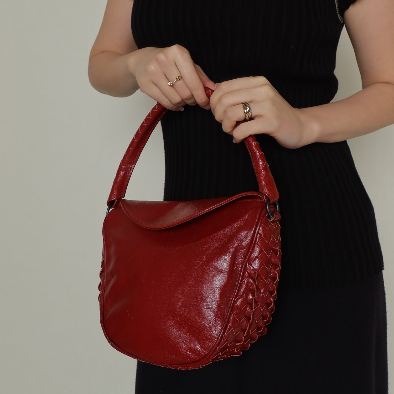 Bottega Veneta Vintage Intrecciato Weave Scarlet Red Half Moon Bag