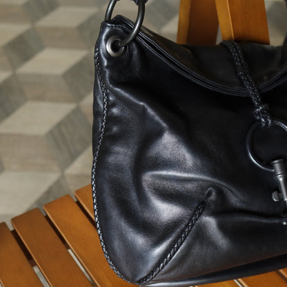 Bottega Veneta Vintage Black Lambskin Leather Ring Hobo One Shoulder Bag