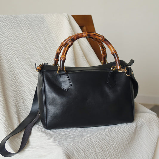 Gucci Vintage Black Leather Bamboo Handle Mini Boston 2 way Bag
