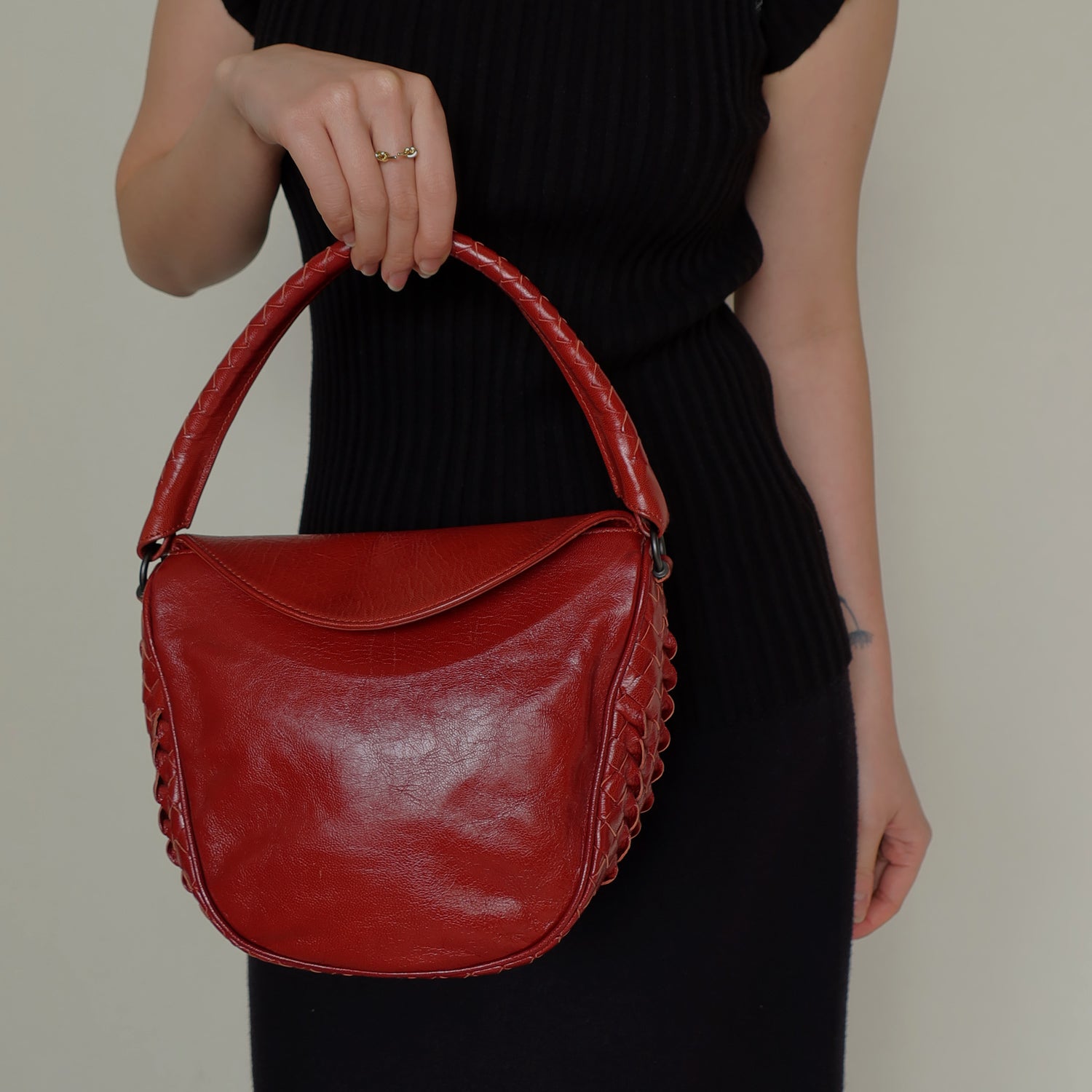 Bottega Veneta Vintage Intrecciato Weave Scarlet Red Half Moon Bag