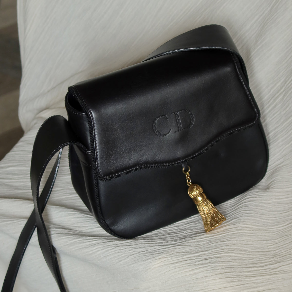 Christian Dior Vintage Gold Fringe Charm Leather Crossbody Sling Bag