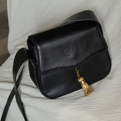 Christian Dior Vintage Gold Fringe Charm Leather Crossbody Sling Bag