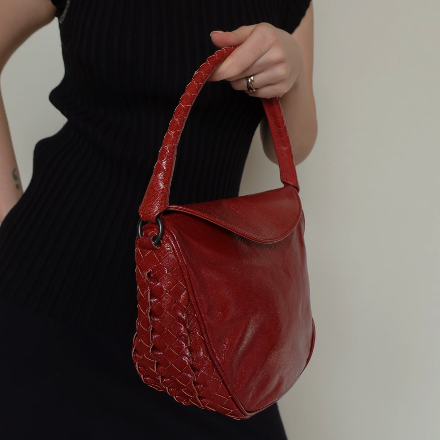 Bottega Veneta Vintage Intrecciato Weave Scarlet Red Half Moon Bag