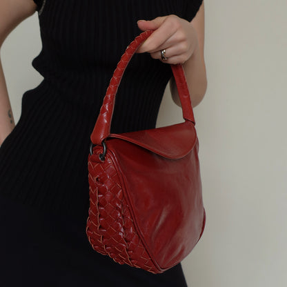 Bottega Veneta Vintage Intrecciato Weave Scarlet Red Half Moon Bag