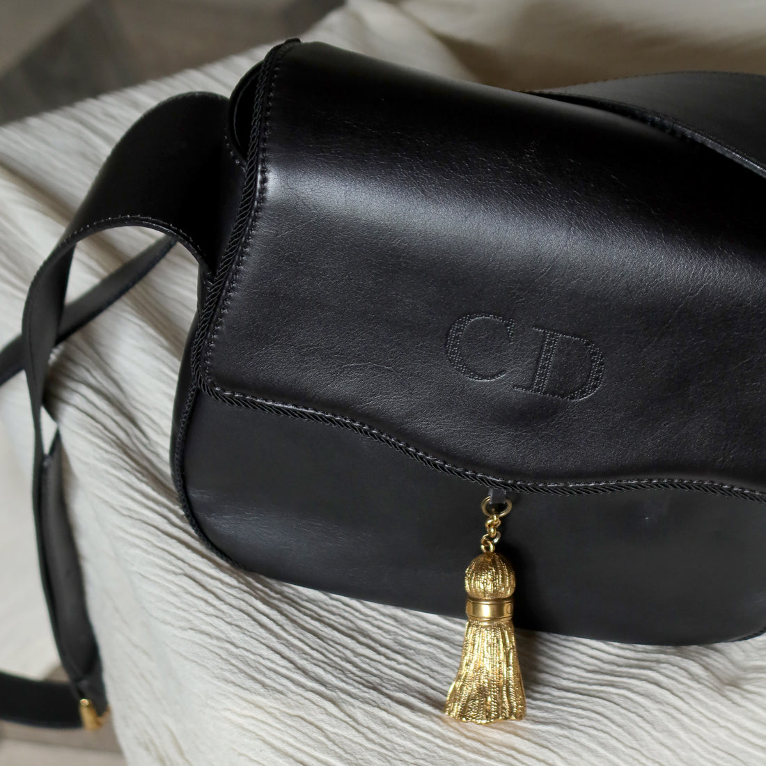 Christian Dior Vintage Gold Fringe Charm Leather Crossbody Sling Bag