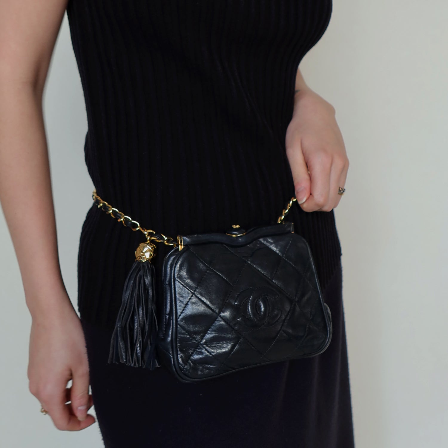 Chanel Vintage Matelasse Black Lambskin Quilted Shoulder & Belt Bag