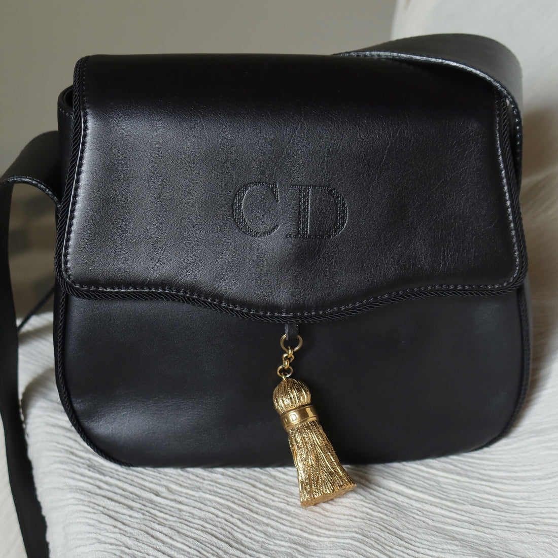 Christian Dior Vintage Gold Fringe Charm Leather Crossbody Sling Bag