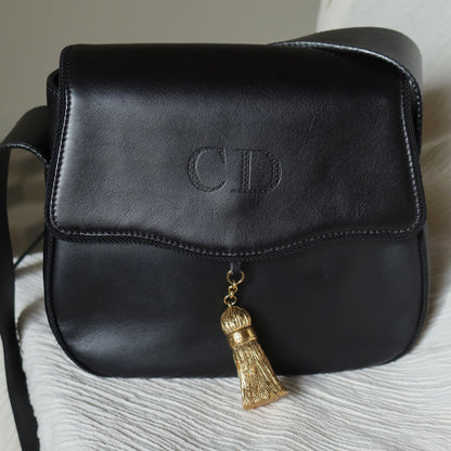Christian Dior Vintage Gold Fringe Charm Leather Crossbody Sling Bag