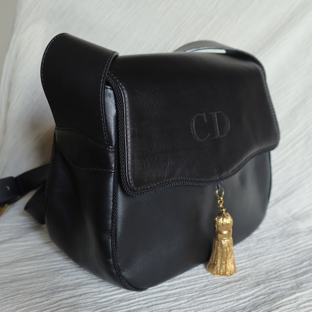 Christian Dior Vintage Gold Fringe Charm Leather Crossbody Sling Bag