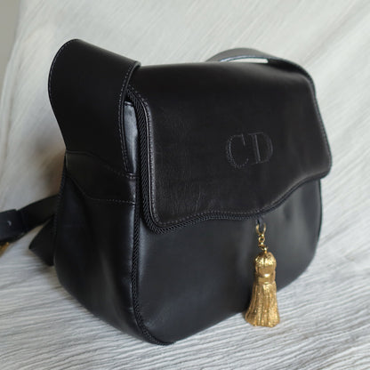 Christian Dior Vintage Gold Fringe Charm Leather Crossbody Sling Bag