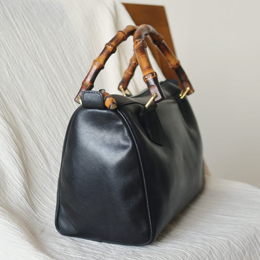Gucci Vintage Black Leather Bamboo Handle Mini Boston 2 way Bag