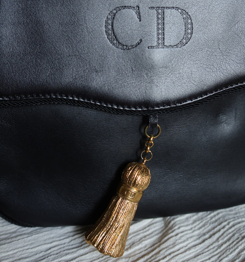 Christian Dior Vintage Gold Fringe Charm Leather Crossbody Sling Bag