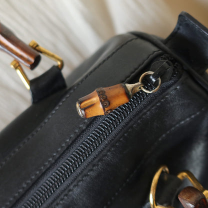 Gucci Vintage Black Leather Bamboo Handle Mini Boston 2 way Bag
