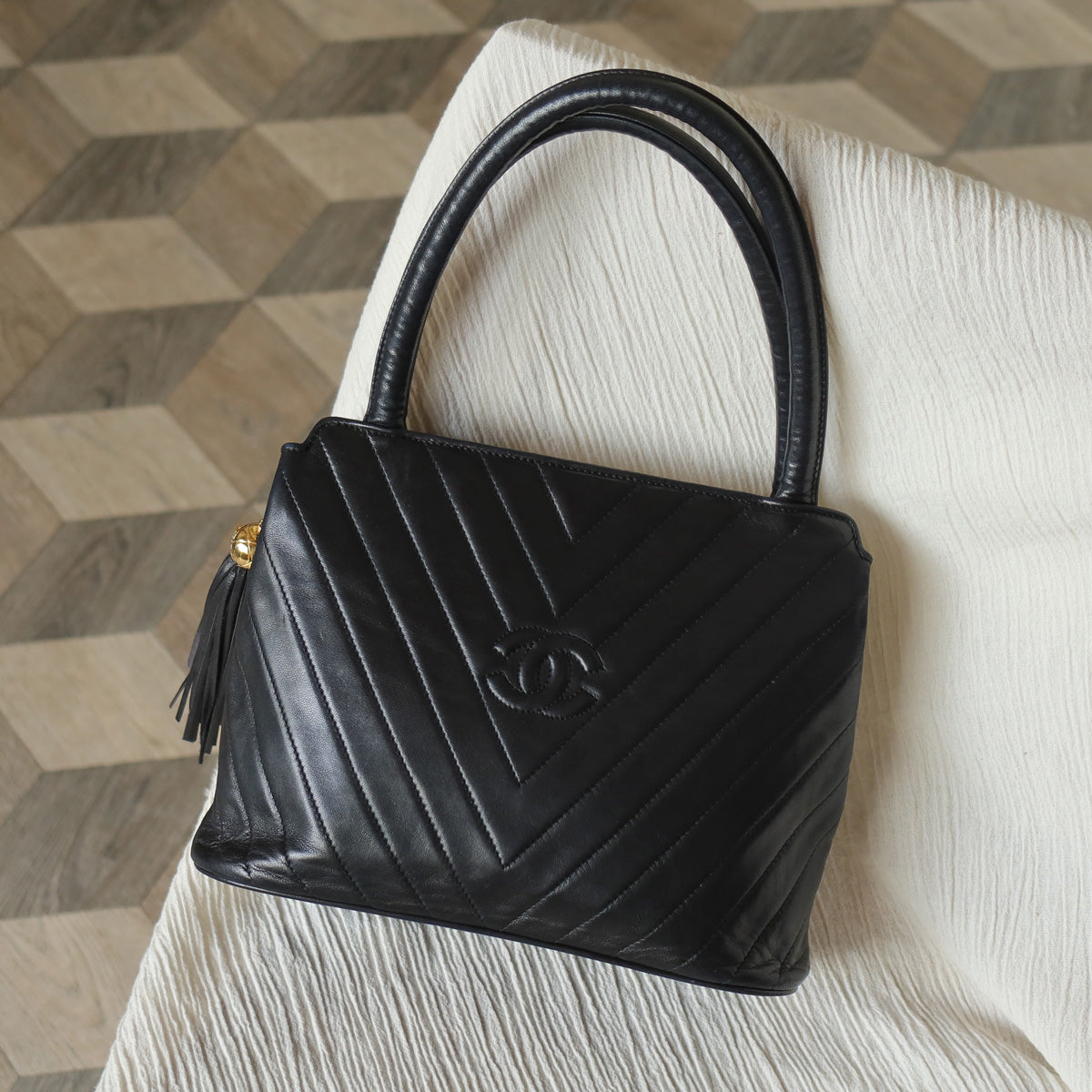 Vintage Chanel Black Lambskin V stitch Coco mark Top Handle Kelly Bag