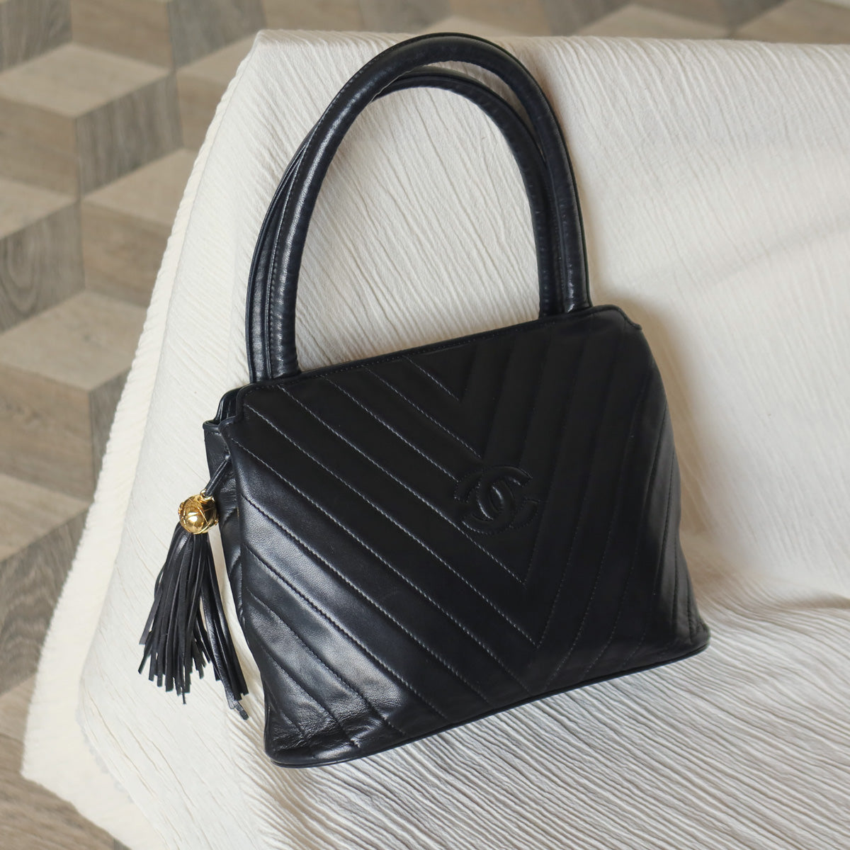 Vintage Chanel Black Lambskin V stitch Coco mark Top Handle Kelly Bag