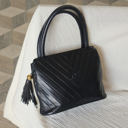 Vintage Chanel Black Lambskin V stitch Coco mark Top Handle Kelly Bag