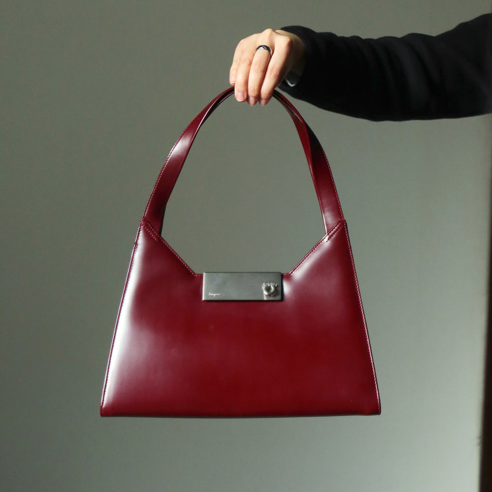 Salvatore Ferragamo Vintage Burgundy Leather Gancini Flap Shoulder Bag