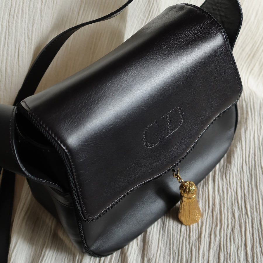 Christian Dior Vintage Gold Fringe Charm Leather Crossbody Sling Bag