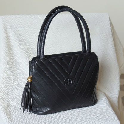 Vintage Chanel Black Lambskin V stitch Coco mark Top Handle Kelly Bag