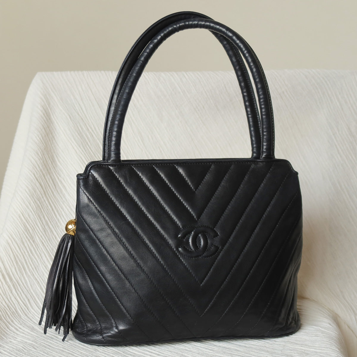 Vintage Chanel Black Lambskin V stitch Coco mark Top Handle Kelly Bag