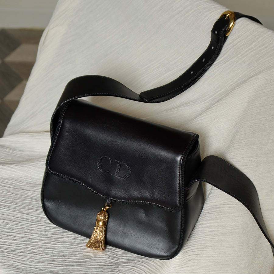 Christian Dior Vintage Gold Fringe Charm Leather Crossbody Sling Bag