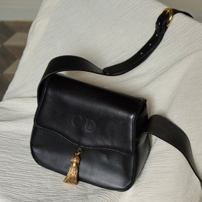 Christian Dior Vintage Gold Fringe Charm Leather Crossbody Sling Bag