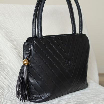 Vintage Chanel Black Lambskin V stitch Coco mark Top Handle Kelly Bag