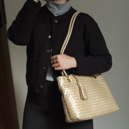 Rare Bottega Veneta Vintage Shimmer Ivory Pearl Intrecciato Braided Strap Shoulder Bag