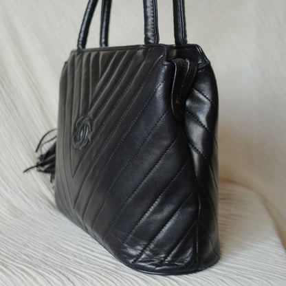 Vintage Chanel Black Lambskin V stitch Coco mark Top Handle Kelly Bag