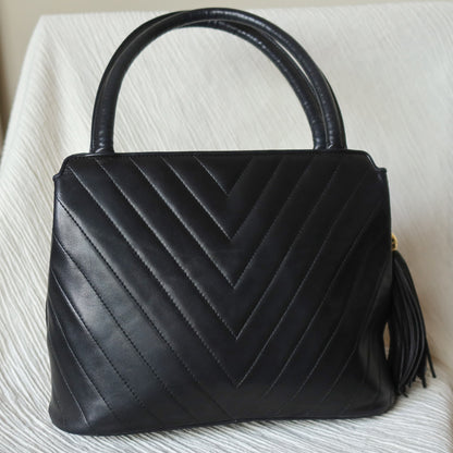Vintage Chanel Black Lambskin V stitch Coco mark Top Handle Kelly Bag