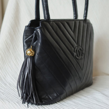 Vintage Chanel Black Lambskin V stitch Coco mark Top Handle Kelly Bag