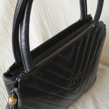 Vintage Chanel Black Lambskin V stitch Coco mark Top Handle Kelly Bag