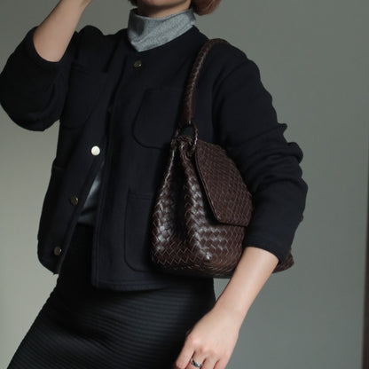 Bottega Veneta Vintage Dark Brown Intrecciato Ring Hobo Shoulder Flap Bag