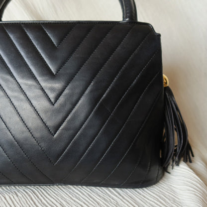 Vintage Chanel Black Lambskin V stitch Coco mark Top Handle Kelly Bag