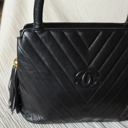 Vintage Chanel Black Lambskin V stitch Coco mark Top Handle Kelly Bag