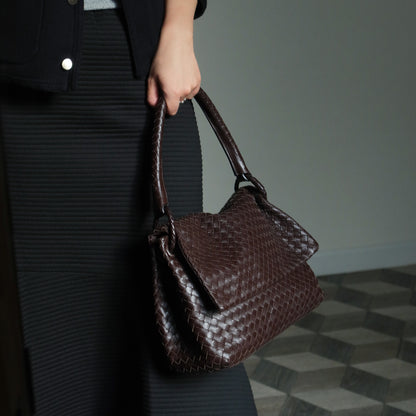 Bottega Veneta Vintage Dark Brown Intrecciato Ring Hobo Shoulder Flap Bag