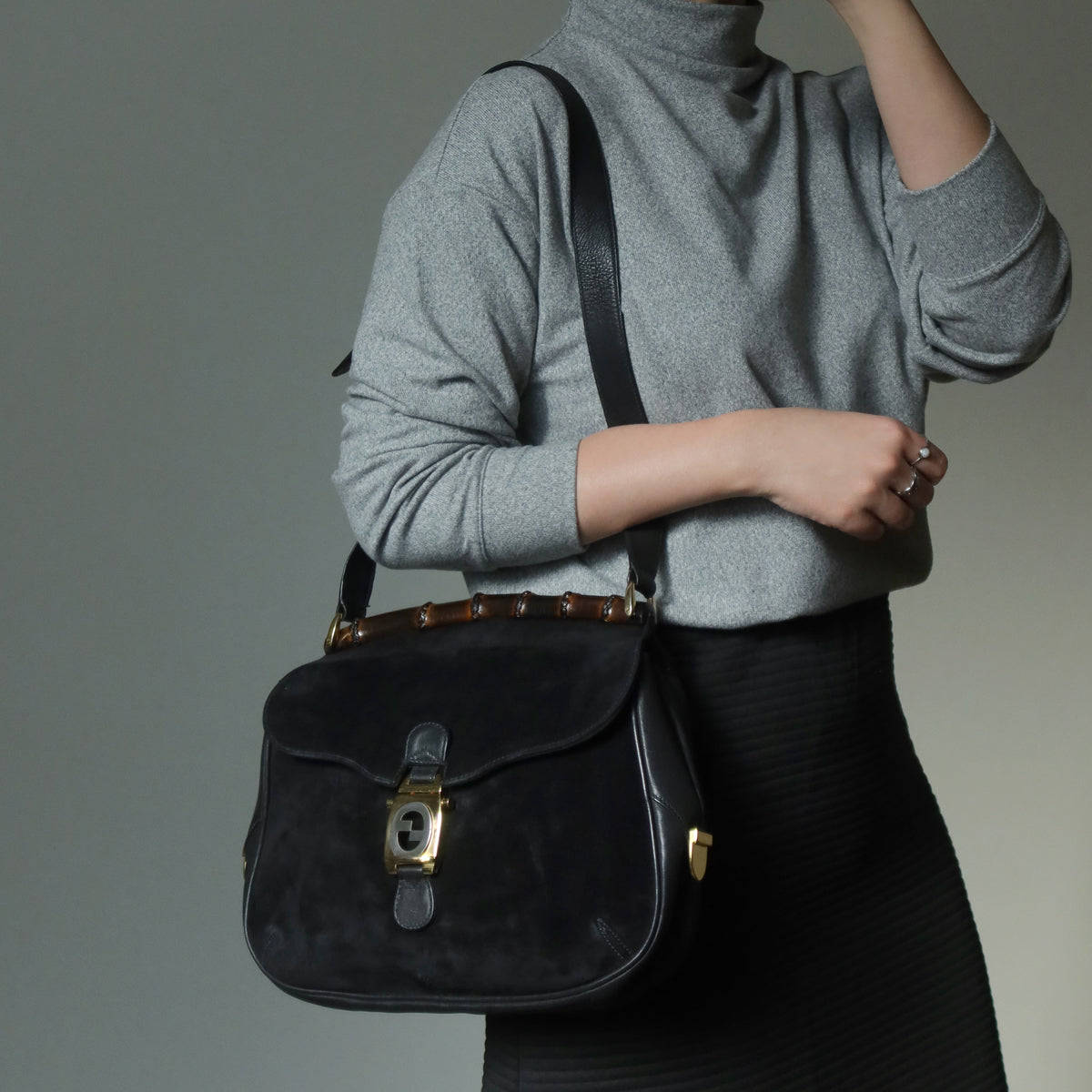 Gucci Vintage Black Suede Leather Bamboo Handle Gold Buckle Shoulder Flap Bag