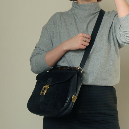 Gucci Vintage Black Suede Leather Bamboo Handle Gold Buckle Shoulder Flap Bag