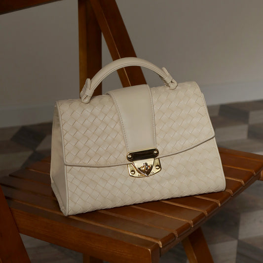 Rare Bottega Veneta Vintage Ivory Intrecciato Weave Leather Classic Bag