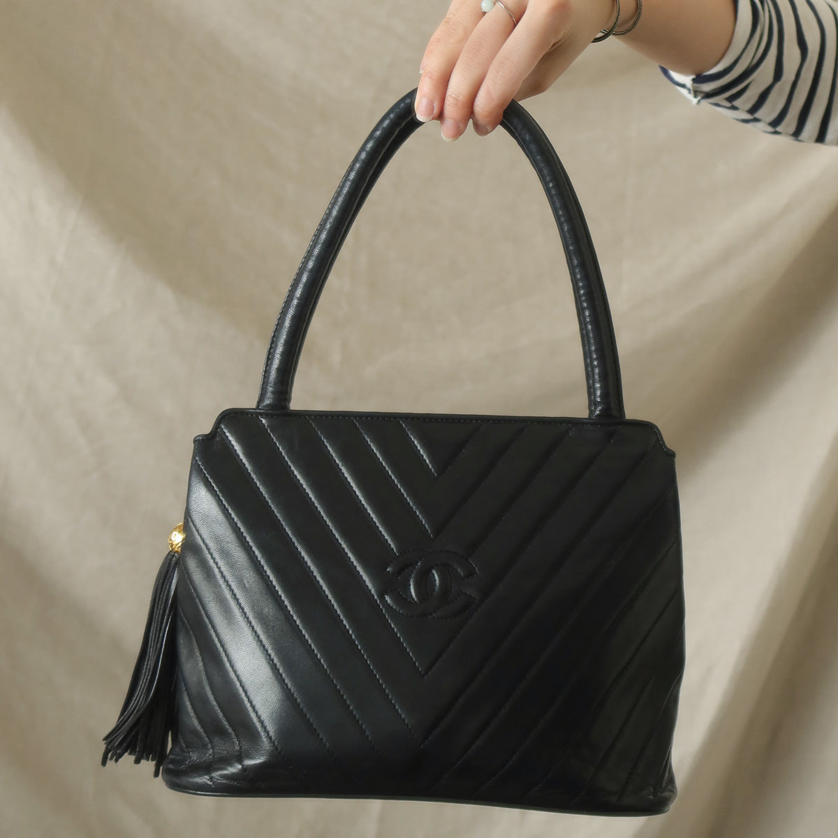 Vintage Chanel Black Lambskin V stitch Coco mark Top Handle Kelly Bag