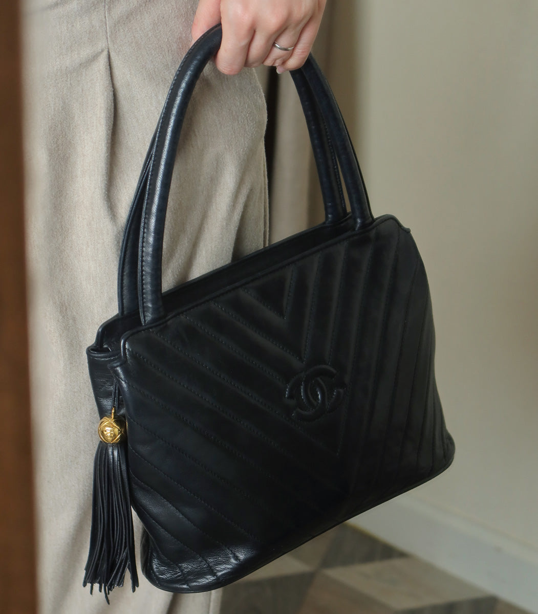 Vintage Chanel Black Lambskin V stitch Coco mark Top Handle Kelly Bagv